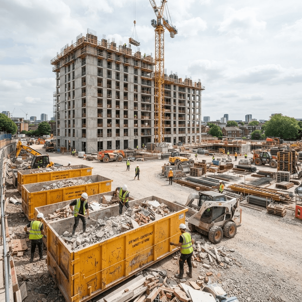 Caçambas recolhendo resíduo de concreto em obra de edifício